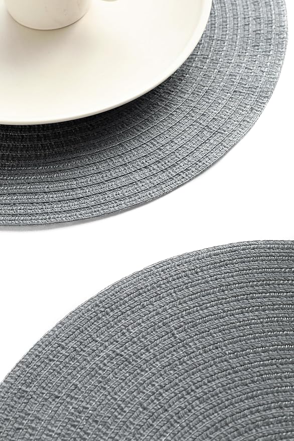 Floroom 15 Inch Round Braided Placemats Set of 4, Washable Heat Resistant Cotton Polyester Circle Place Mats for Kitchen Dining Table - Charcoal Grey