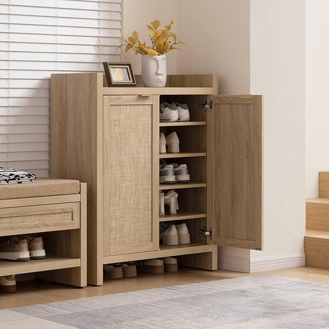 SICOTAS Shoe Cabinet Set of 2, Large Capacity Shoe Storage Organizer Cabinet, Tall Rattan Shoe Cabinet with Doors and Shelves, 6-Tier Farmhouse Boho Wooden Storage Cabinet for Entryway, Light Oak