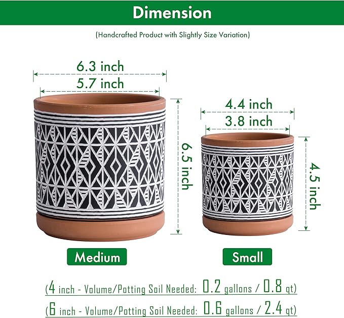 D'vine Dev Set of 2 Terracotta Pots, Diamond Pattern Planter Pot, 4 Inch and 6 Inch, Pot with Drainage Hole and Saucer, Terracotta/Black, 31-958-G-2