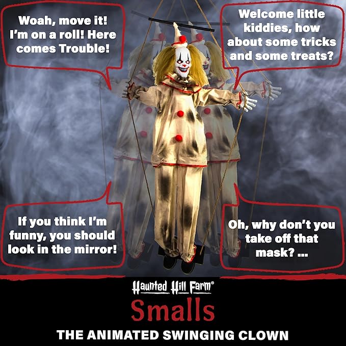 Haunted Hill Farm Scary Swinging Talking Clown Animatronic with Touch Activated Lights and Sounds, Battery Operated Indoor or Covered Outdoor Decoration, Creepy Halloween Prop