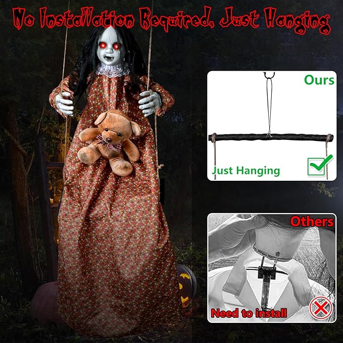 3.75 Ft Scary Halloween Decorations Outdoor, Halloween Hanging Swinging Girl with Sound & Touch Activated/Creepy Sound/Light Up Eyes/Scary Expression, Halloween Decor Props for Indoor Outside