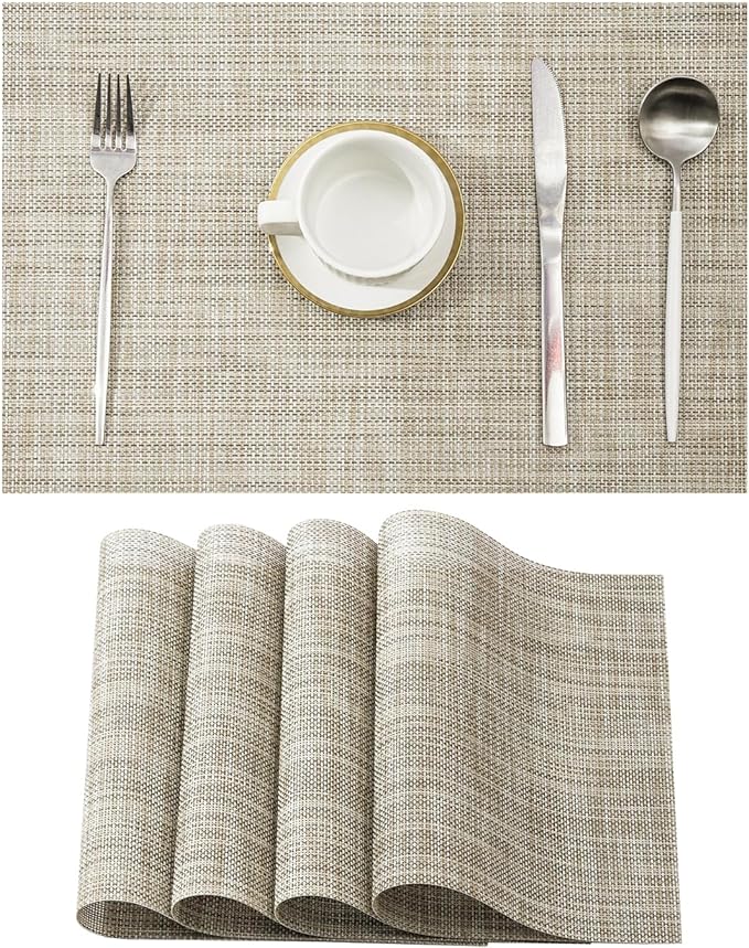 Leetaltree Linen Yellow Placemats Set of 4 - Heat Resistant Non-Slip Place mats for Dining Table, Washable Durable PVC Vinyl Woven Table Mats(Linen Yellow, 4)