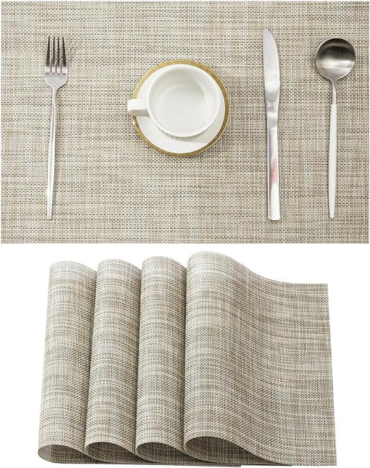 Leetaltree Linen Yellow Placemats Set of 4 - Heat Resistant Non-Slip Place mats for Dining Table, Washable Durable PVC Vinyl Woven Table Mats(Linen Yellow, 4)