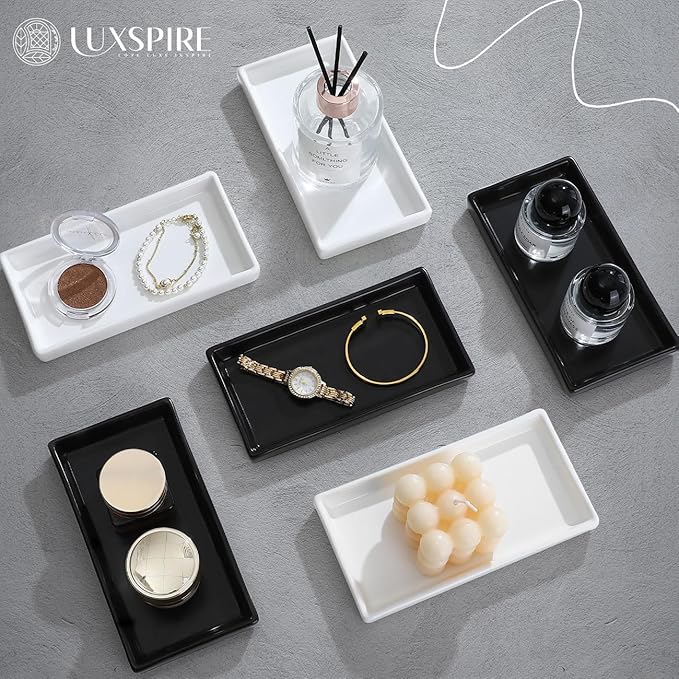 Luxspire Bathroom Vanity Tray, Mini Soap Dispenser, Small Ceramic Perfume and Jewelry Dish, Trinket Holder, Rectangle Candle Tray, Bath Organizer Kitchen Sink Narrow Soap Dish, Black