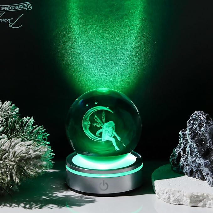 Movdyka 3D Crystal Ball Moon & Fairy Statue Decor Gifts for Women Girls with Colorful LED Base, 3D Laser Fairy Snow Globe Home Decor Crafts - 3.15"/8CM