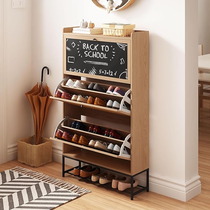 AVZEAR Shoes Cabinet, Narrow Shoes Storage Cabinet with 3 Flip Drawers, Free Standing Shoe Racks Organizer Farmhouse Tipping Bucket with Blackboard, Shoes Cabinet Storage Entryway Hallway, Natural