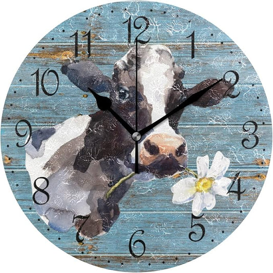 ALAZA Farmhouse Cow Wall Clock 10 Inch Battery Operated Silent Non Ticking Rustic Clock Home Decor for Kitchen, Living Room, Bedroom, Office