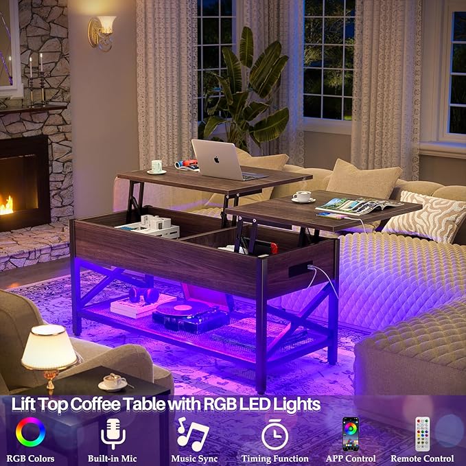 Aheaplus Coffee Table, Lift Top Coffee Table with LED light and Power Outlet, Modern Lift-Top Table with Storage Shelf, Center Table for Living Room with Lift Tabletop, X Support Metal Frame, Espresso