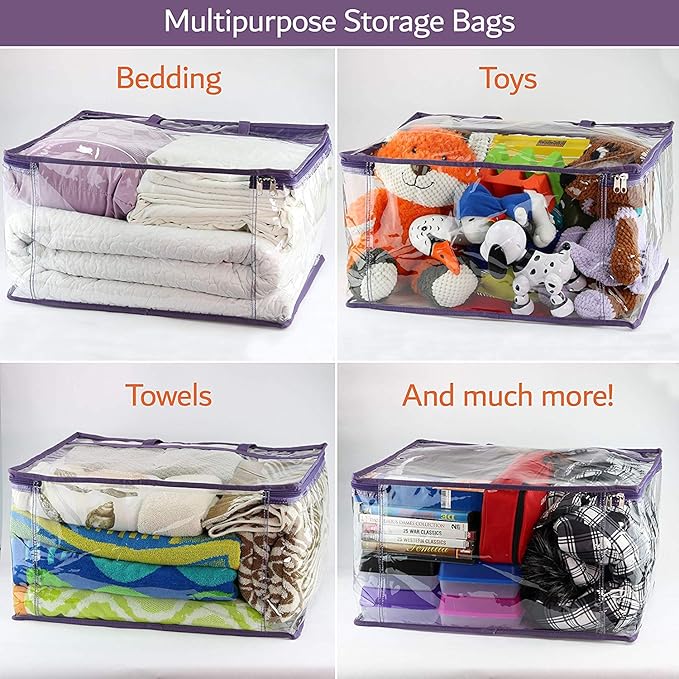 Clear Vinyl Zippered Storage Bags (3-Pack) 40L Sturdy Storage Bags for Sweaters, Blankets, Comforters, Bedding Sets and Much More! (Purple, 18x15x9)