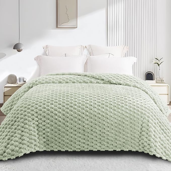 Whale Flotilla King Size Blanket for Bed with Jacquard Pattern, Fuzzy Soft Cozy Exquisite Blankets for All Season, Warm and Fluffy, 90x104 Inch, Sage Green