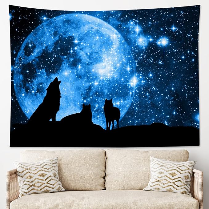 HVEST Wolf Tapestry Wolves on Mountain Wall Hanging Full Moon in Starry Sky Tapestries for Kids Bedroom Living Room Dorm Party Wall Decor,92.5Wx70.9H inches