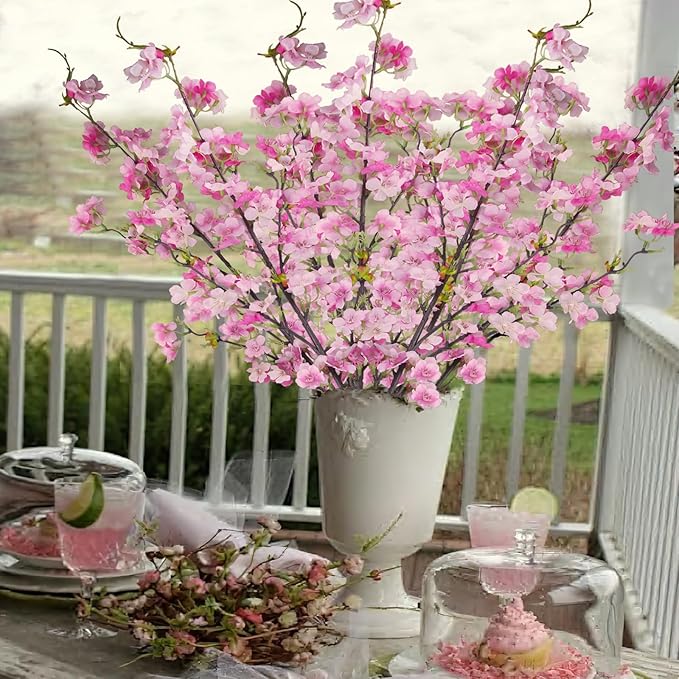 CISDUEO 3 Pcs Artificial Cherry Blossom Flower Silk Peach Flowers Bulk Plum Blossom Flowers with Leaves Cherry Blossom Branches Vase Arrangements for Spring Wedding Indoor Outdoor DIY Party Decor Pink