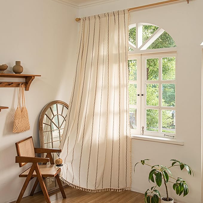 Sutuo Home Boho Curtains for Bedroom Living Room 96 Inches Long, Bohemian Drape Privacy Country Rustic Semi Blackout Farmhouse for House Decor Rod Pocket, 1 Panel W52 x L96 White and Coffee