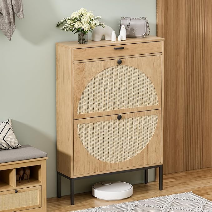 Yechen Shoe Rack Storage Organizer with 2 Natural Semi-Circular Rattan Doors, Large Entryway Wooden Shoe Cabinet for Sneakers, Leather Shoes, Slippers (1 Piece, Light Beige)