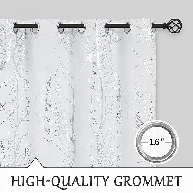 FMFUNCTEX Linen Semi Sheer Curtains for Living Room & Bedroom, Silver Metallic Print White Tree Panel, Light Filtering 84" Long Grommet Top 2 Panels
