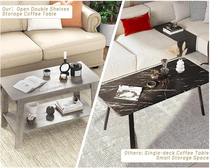 2-Tie Coffee Table, Rustic Wood Living Room Tables with Open Rectangular Storage Compartment, Coffee Tables for Living Room, Outdoors, Home Office, Bedroom, Grey