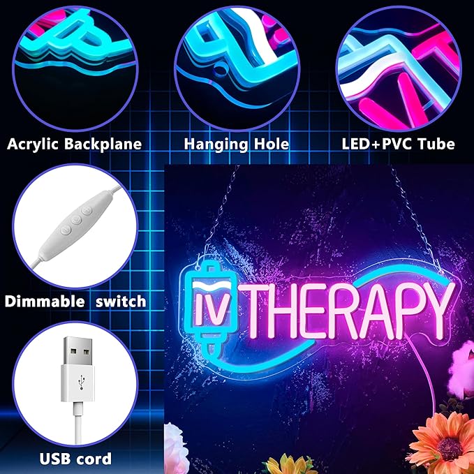 IV Therapy Neon Signs for Wall Decor,Dimmable Nurse Medical Spa Salon Neon Sign,USB Neon Light for Room Nurse Man Cave Bedroom Kid Birthday Party Gifts(15.7 * 7in)