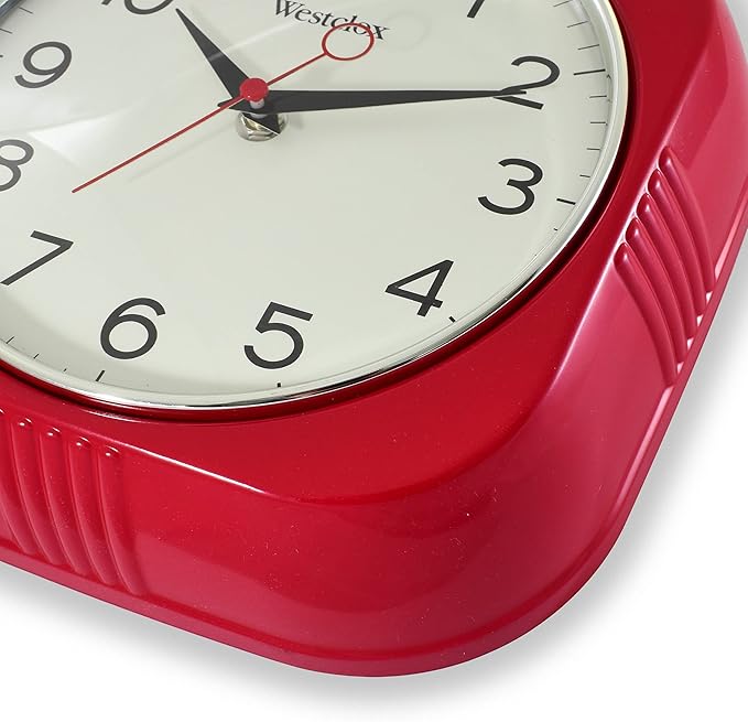 Westclox Retro Wall Clock Vintage 1950s Vintage Wall Clock for Kitchen Decor with Large 9.5" Display & Quiet Ticking | 50's Mid Century Retro Clock for Kitchen or Living Room | Red/Square