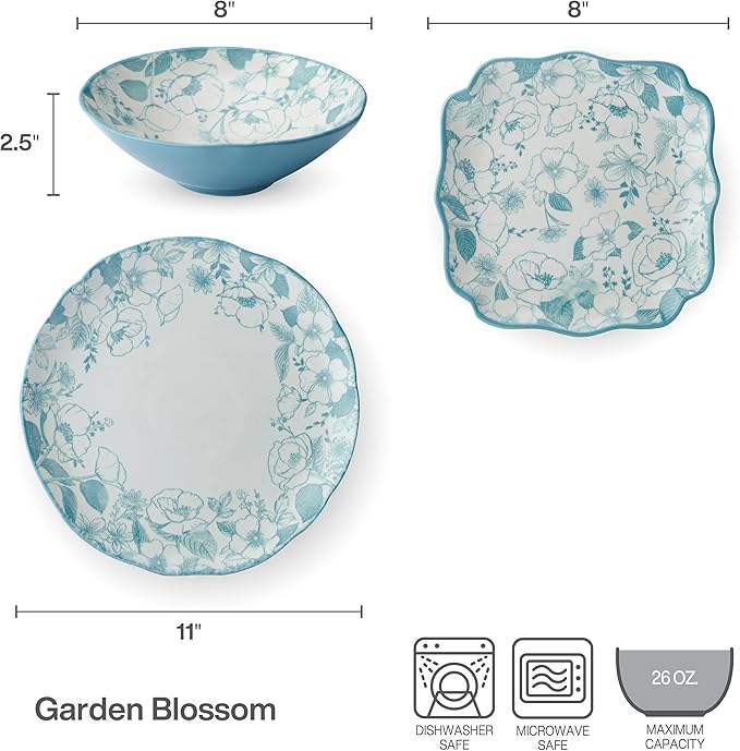 Pfaltzgraff Garden Blossom Floral 12 Piece Plate Bowl Dinnerware Set, Blue