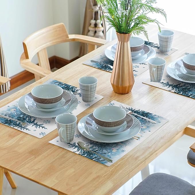 Watercolor Forest Reindeer Placemats Set of 4 - Blue Pine Tree Winter Snowflakes Non-Slip Washable Cloth Place Mats 12 x 18 Inch Reusable Table Mats for Kitchen Dining Holiday Decoration
