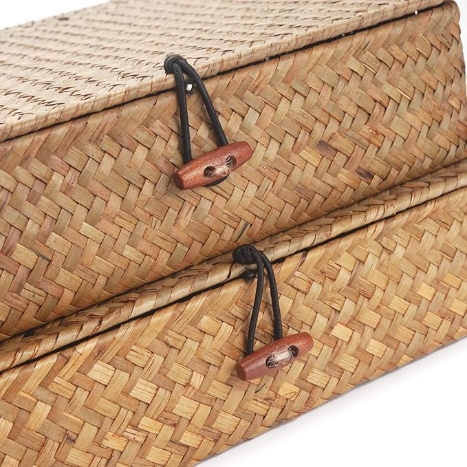 Seagrass Storage Baskets with Lid, Flat Wicker Basket, Rattan Storage Bins, Shallow Woven Basket for Shlef, Decorative Storage Boxes for Organizing