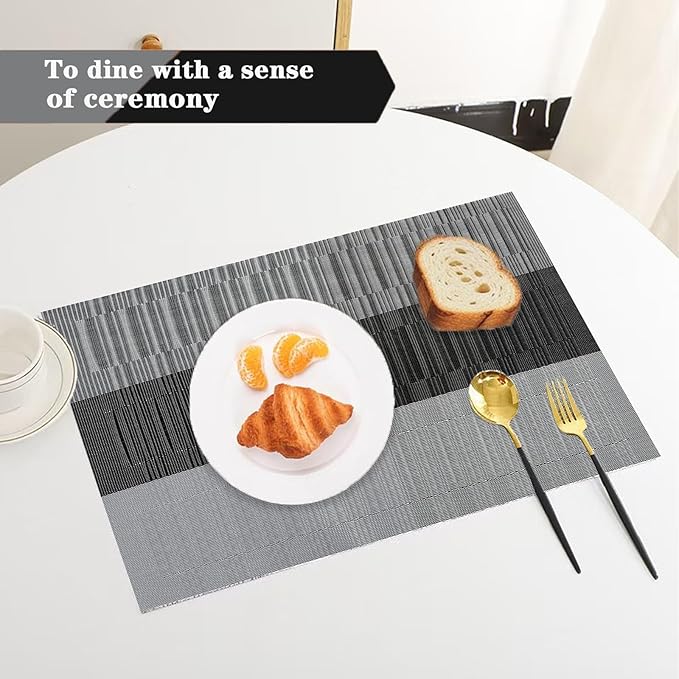 Black Gray Placemats Set of 4 - Heat Resistant Non-Slip Place mats for Dining Table, Washable Durable PVC Vinyl Woven Table Mats (Black Gray, 4)