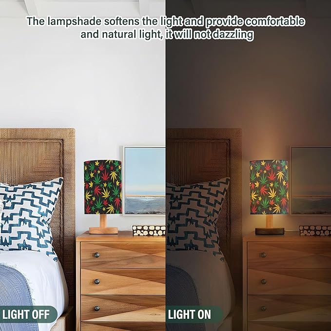 Table Lamp Colorful Marijuana Cannabis Hemp Leaf Red Yellow Green Color Print Nightstand Lamp with Wood Base Fabric Lamp Shade Bedside Desk Lamp for Living Room Bedroom Kids Room Office