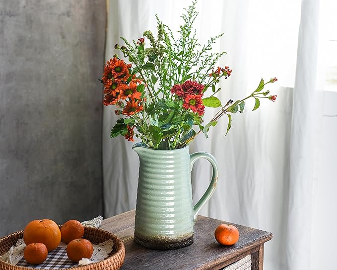 Quoowiit Ceramic Rustic Vase with Handle, Green Distressed Decorative Farmhouse Pitcher Vase for Home Decor Living Room Bedroom Kitchen Office Shelf Decor Centerpiece Table Decoration