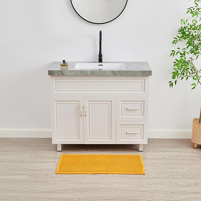 Douceur Chenille Waffle mat with Patented noslip Backing, Acrylic Blend Chenille Absorbent Bathroom Rugs, Cushioned mesh Backed Bath Rug Machine Washable, 18" x 32", Mustard Yellow