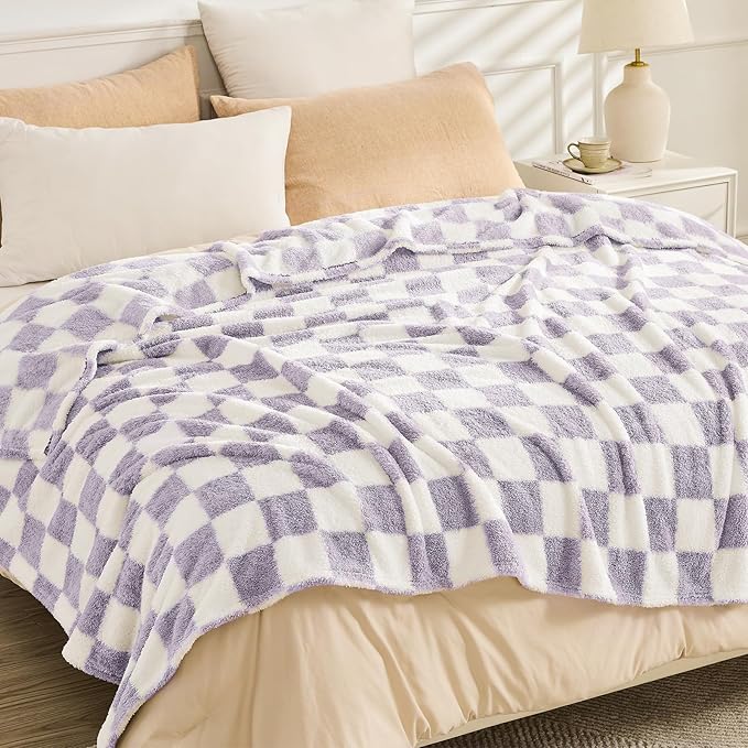 EMME Checkered Blanket Throw - 50"x60" Lavender Knit Blanket Soft Fluffy Patterned Throw Blankets for Couch, Sofa, Chair, Bed, Camping, Picnic, Travel