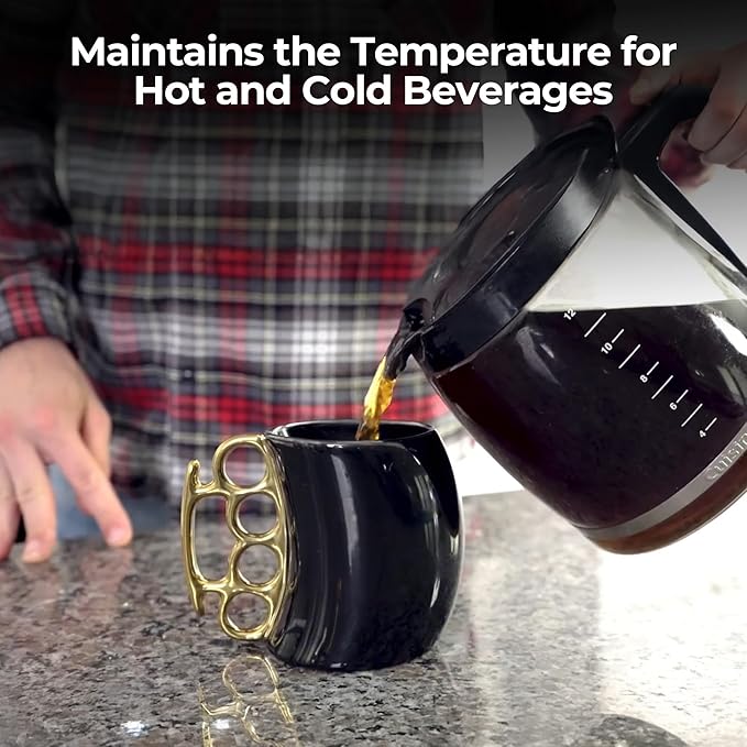 Caliber Gourmet Brass Knuckles Cup - Black and Gold Ceramic Self-Defense Novelty Coffee Mug, Unique Knuckles Mug for Collectors, Perfect Odd Coffee Mug Gift Idea for Christmas, Father's Day & More