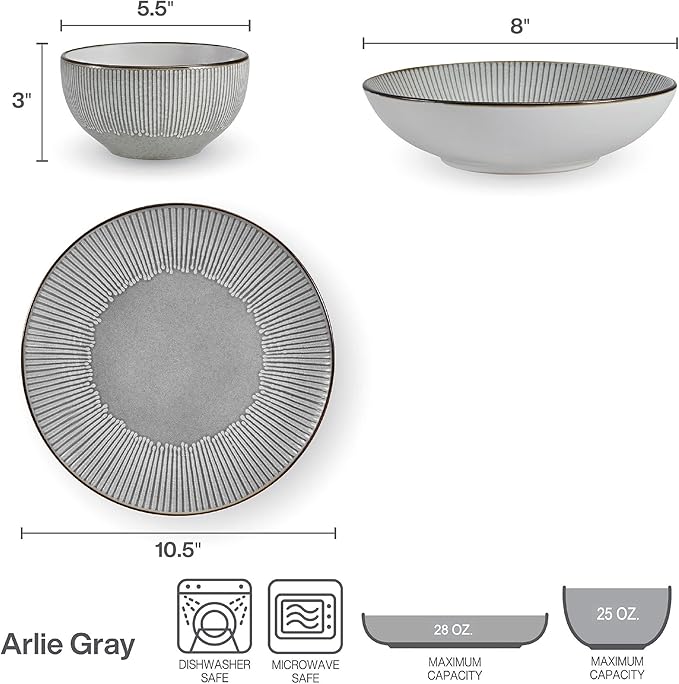 Pfaltzgraff Arlie Gray 12 Piece Dinnerware Set, Service for 4, Gray