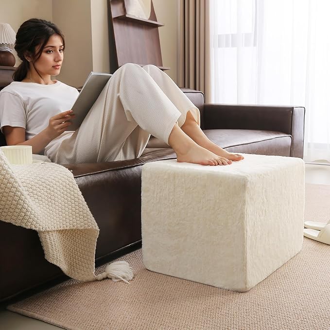 Tiita Square Stuffed Pouf Ottoman, Plush Poufs with Foam Chunk Filling, Foot Rest Stool for Living Room, Cream
