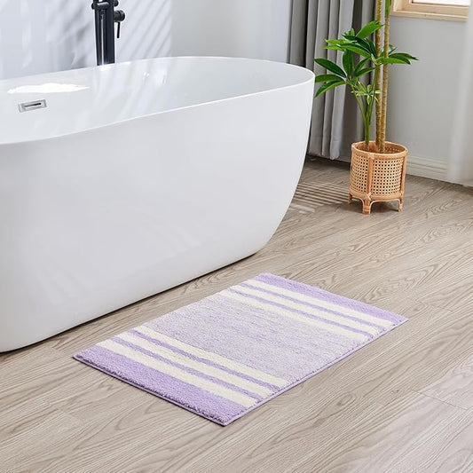 CozeCube Purple Striped Bath mats for Bathroom Non Slip, Fluffy Absorbent Microfiber Bath mat Washable, Aesthetic Bathroom Rugs, Cute Bath mat for Sink, 24" x 16"