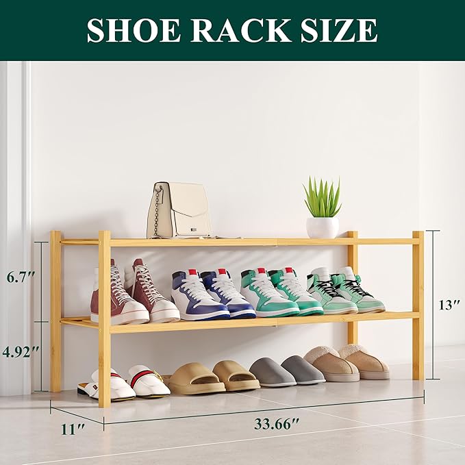 Smiry Shoe Rack, 2 Tier Long Bamboo Shoe Organizer, Stackable Free Standing Wooden Shoe Storage Shelf for Closet, Entryway, Front Door Entrance, Natural