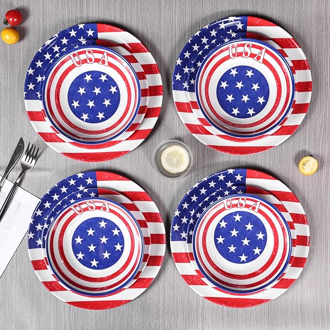 Melamine Dinnerware Sets 12 Pcs Independence Day American Flag Melamine Dinner Plates, Dishes & Bowls Set for 4th July