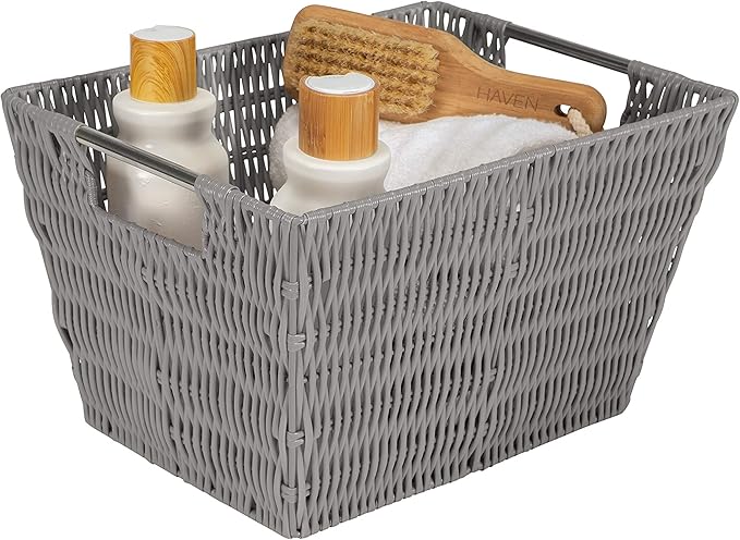 Simplify 12"x10"x8" Medium Woven Basket for Storage with Handles, Nursery, Playroom, Toys, Bedroom, Closet, Clothes, Office, Decorative Organizer Rattan Totes, Grey