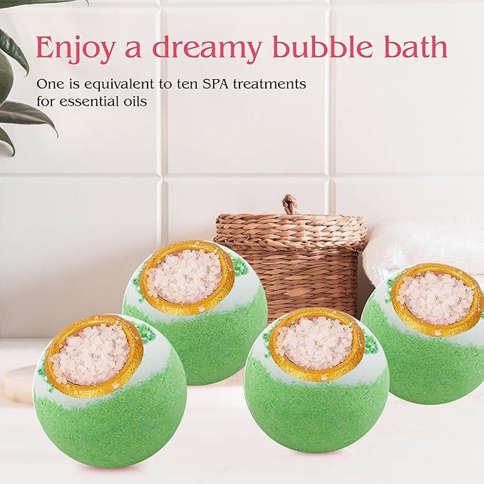 Green Tea Coarse Salt Bath Bombs Balls,4 Pack Gift Set,Moisturizing Dry Skin,Fizzy Spa,Relaxation,Self Care,Relaxing,Bubble Bath Bomb Idea for Men Women
