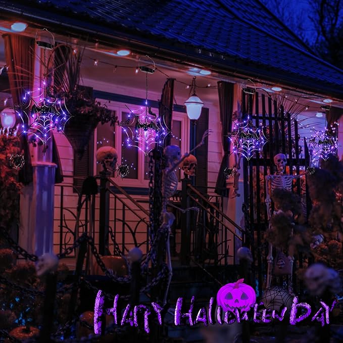 ILLUMINEW Solar Halloween Metal Hanging Decorations Outdoor, LED Lighted Metal Web with Spider for Halloween Outdoor Tree, Wall, Porch, Patio Decor (Web)