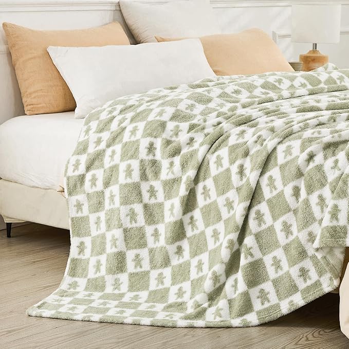 EMME Checkered Blanket Twin Size - 60"x80" Green Knit Blanket Soft Fluffy Patterned Throw Blankets for Couch, Sofa, Chair, Bed, Camping, Picnic, Travel