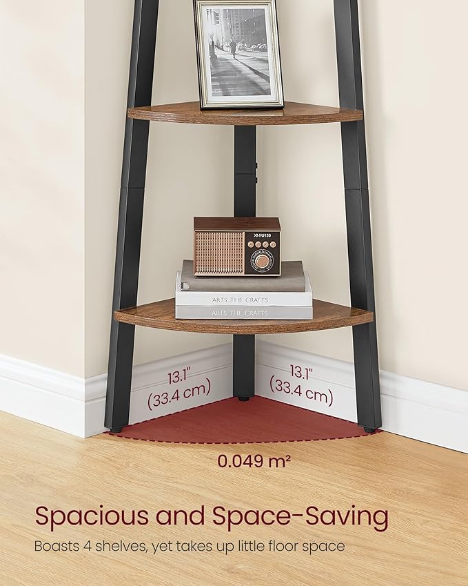 VASAGLE Corner Shelf Stand, 4-Tier Corner Bookshelf, Industrial Ladder Shelf, Plant Stand for Living Room, Office, Kitchen, Rustic Brown and Black ULLS34X