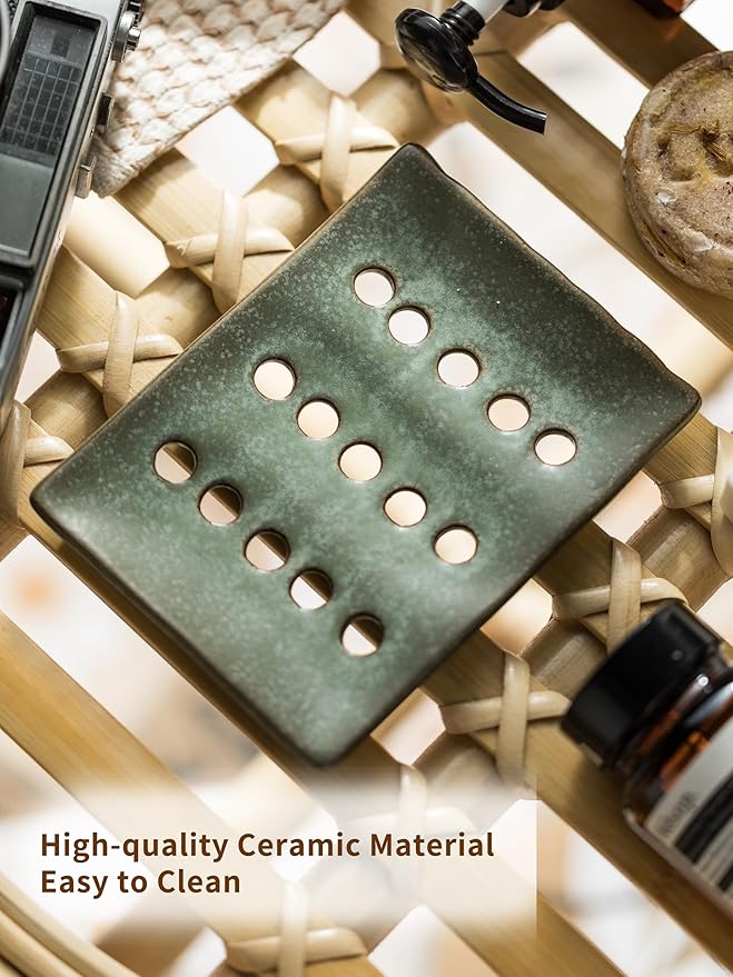 Ceramic Soap Dish with Self Drain for Shower, Bar Soap Holder to Lift and Keep Dry, Concave Design to Prevent Slipping, Suitable for Kitchen and Bathroom, Green