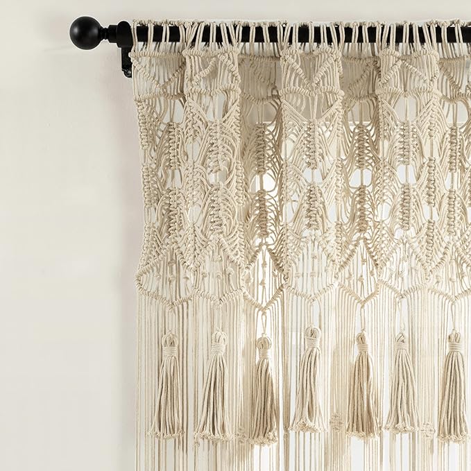 Lush Decor Boho Macrame Tassel Cotton Window Curtain/Room Divider/Wedding Backdrop/Wall Decor, 84" L x 50" W, Neutral