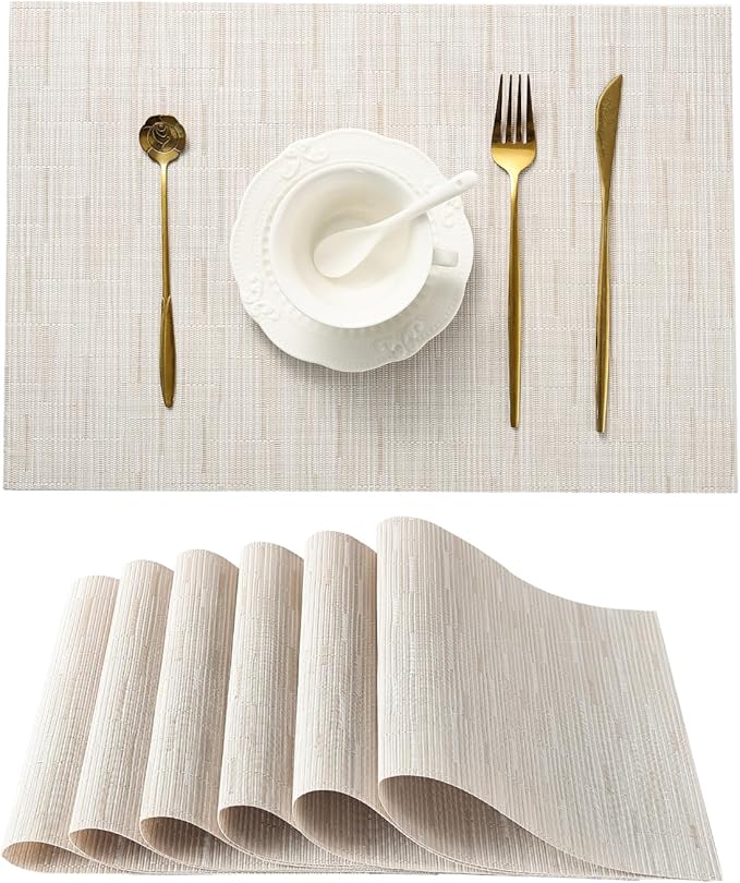 Leetaltree Pale Beige Placemats Set of 6 - Heat Resistant Non-Slip Place mats for Dining Table, Washable Durable PVC Vinyl Woven Table Mats(Pale Beige, 6)