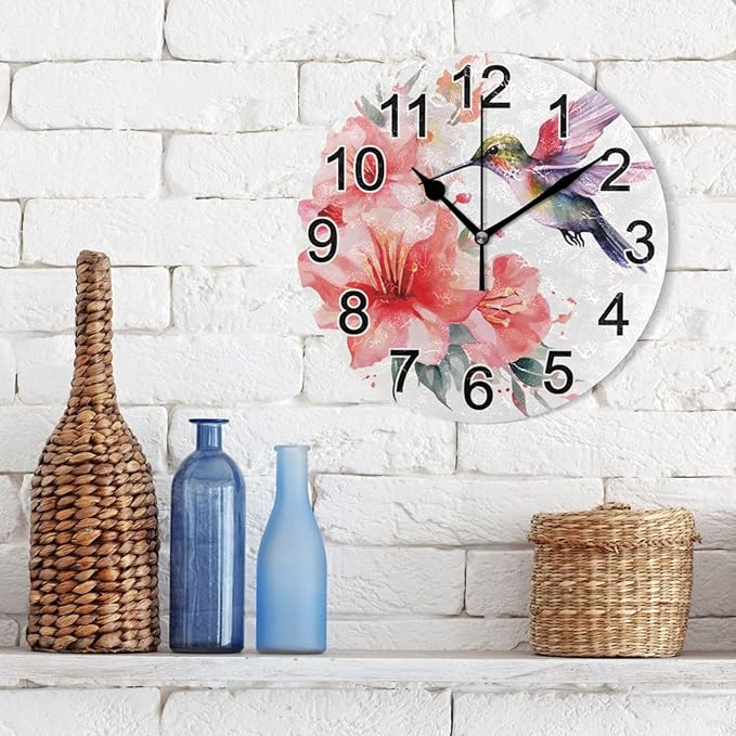 Hummingbird Spring Floral Wall Clock Non Ticking Silent Kitchen Clock Large Battery Operated Clocks 10 inch for Living Room Bedroom Decor