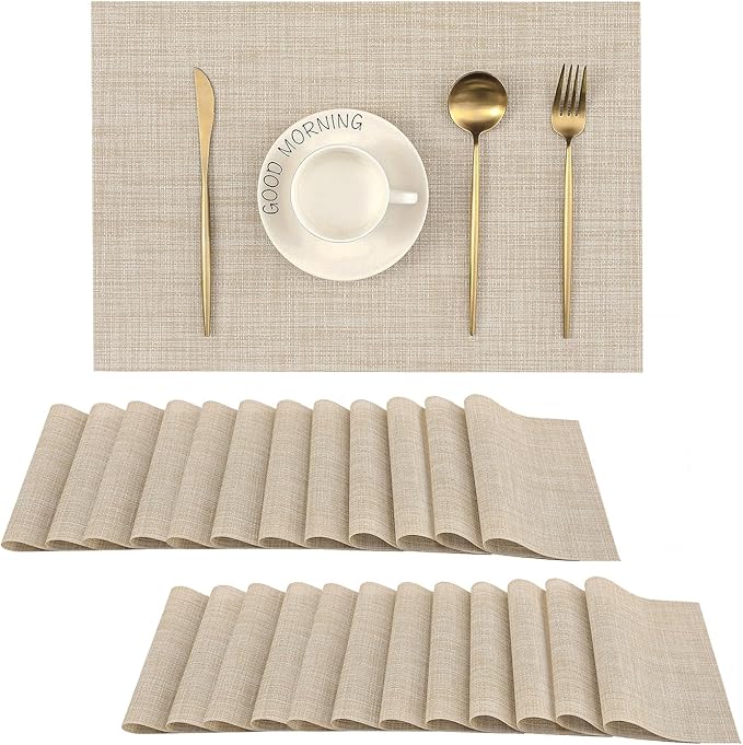 Leetaltree Beige Placemats Set of 24 - Heat Resistant Non-Slip Place mats for Dining Table, Washable Durable PVC Vinyl Woven Table Mats(Beige, 24)