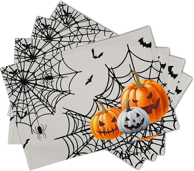 Giwawa Halloween Placemats, Colorful Spooky Pumpkins Spider Web Bats Linen Place Table Mats Washable Stain Resistant for Kitchen Dining Party Holiday Tabletop Decor, Set of 4, 12x18 Inches