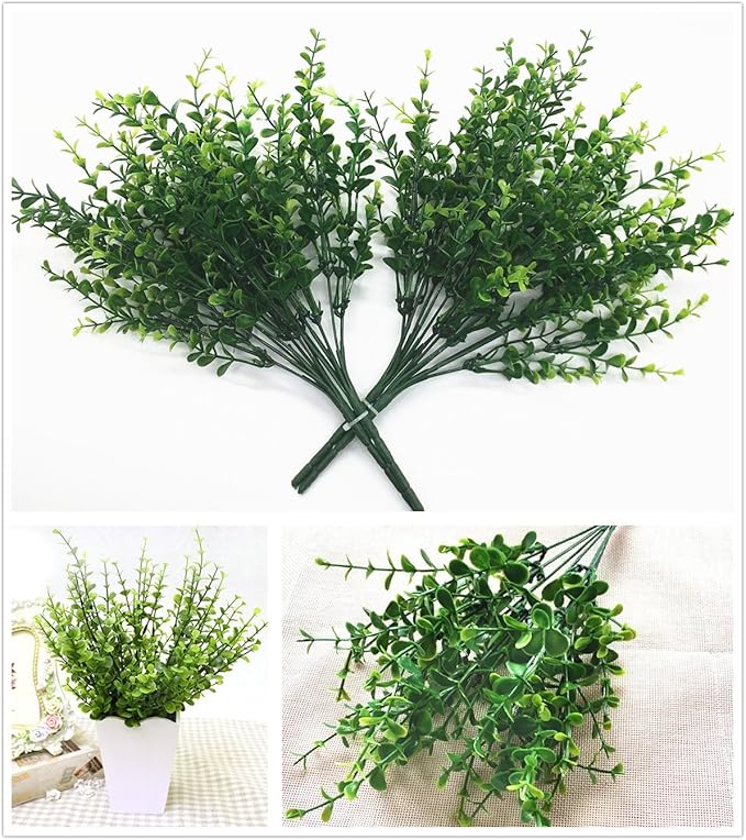 CATTREE Artificial Eucalyptus Plants, Plastic Christmas Decorations Fake Shrubs Bushes Green Leaves Wedding Indoor Outdoor Home Garden Verandah Kitchen Office Table Centerpieces Arrangements 8 pcs
