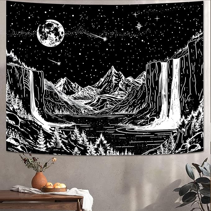 Lunerfex Starry Night Mountain Wall Tapestry - Black and White Celestial Landscape Wall Hanging for Bedroom and Living Room Decor - 3648 Inches