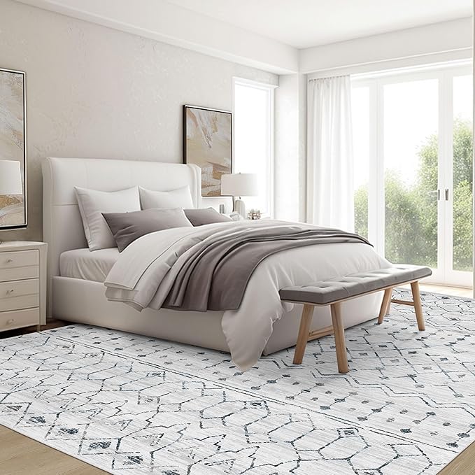 Deerly Moroccan Area Rugs 5x7 Washable Rug Distressed, Boho Farmhouse 5x7 Rug with Non-Slip Backing, Soft Low Pile Indoor Floor Carpet Neutral Rug for Bedroom Playroom, White/Dark Grey